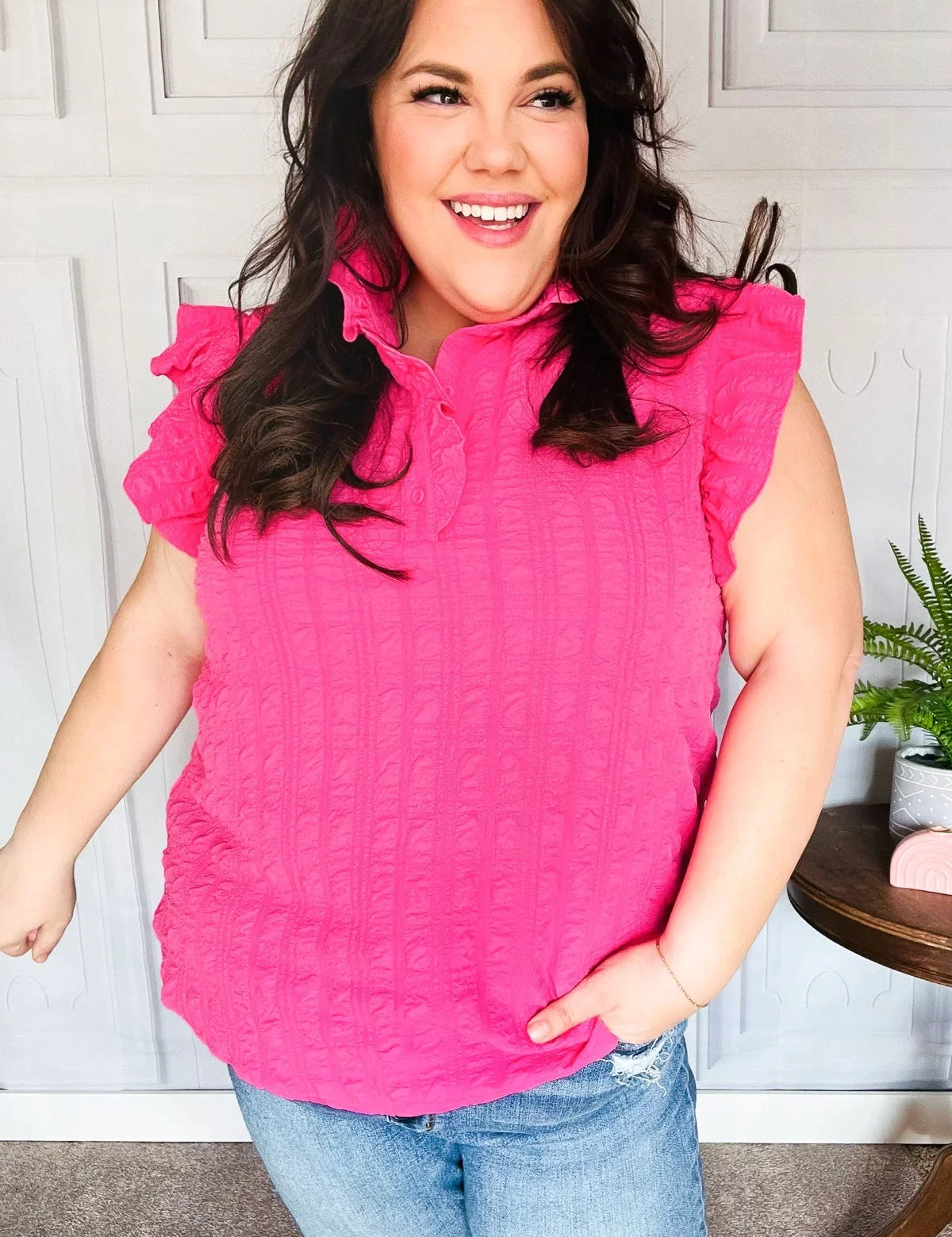 Glamorous In Hot Pink Textured Ruffle Mock Neck Top | Daverri Fashions