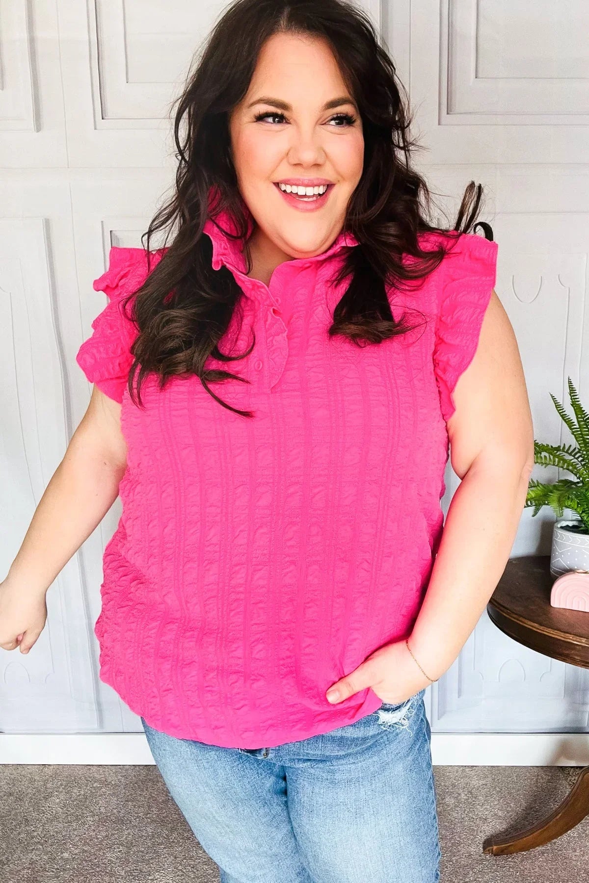 Glamorous In Hot Pink Textured Ruffle Mock Neck Top | Daverri Fashions