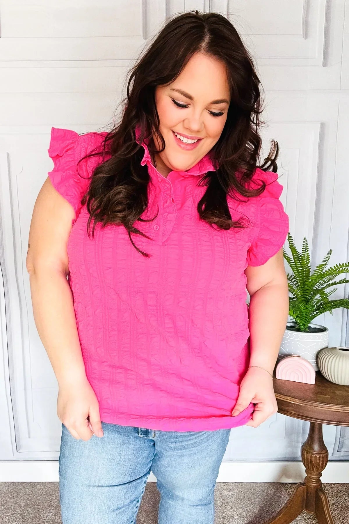 Glamorous In Hot Pink Textured Ruffle Mock Neck Top | Daverri Fashions