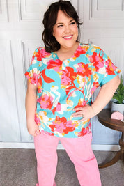 Weekend Ready Aqua & Coral Floral V Neck Woven Top | Daverri Fashions