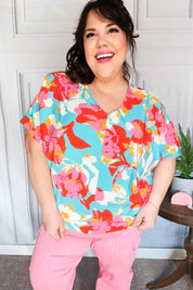 Weekend Ready Aqua & Coral Floral V Neck Woven Top | Daverri Fashions