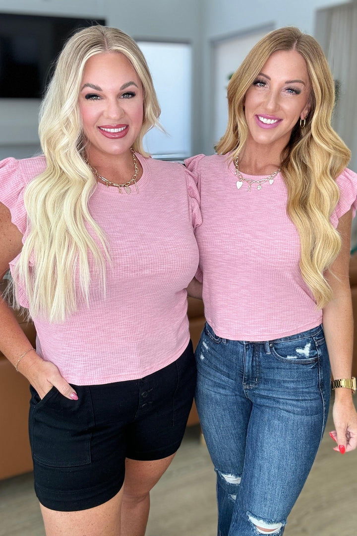 Pink Ribbed Ruffle Sleeve Top Shirts & Tops