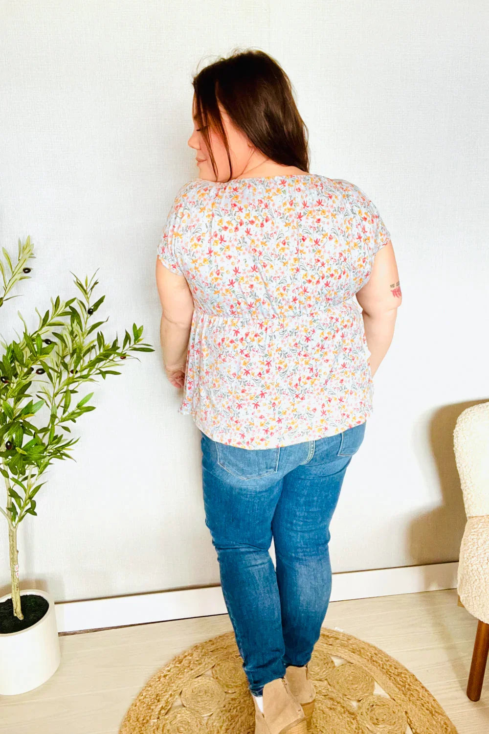 Be Charming Sky Blue Floral Print Elastic Neck Ribbon Tie Top | Daverri Fashions