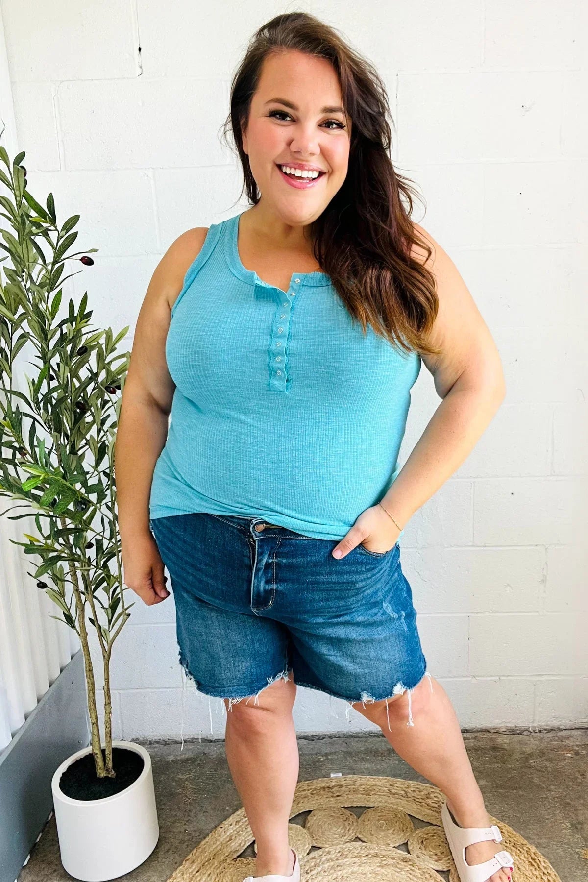 Summer Days Ice Blue Melange Ribbed Henley Button Down Tank | 2024 Blow-Out Sale Daverri Fashions