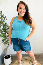 Summer Days Ice Blue Melange Ribbed Henley Button Down Tank | 2024 Blow-Out Sale Daverri Fashions