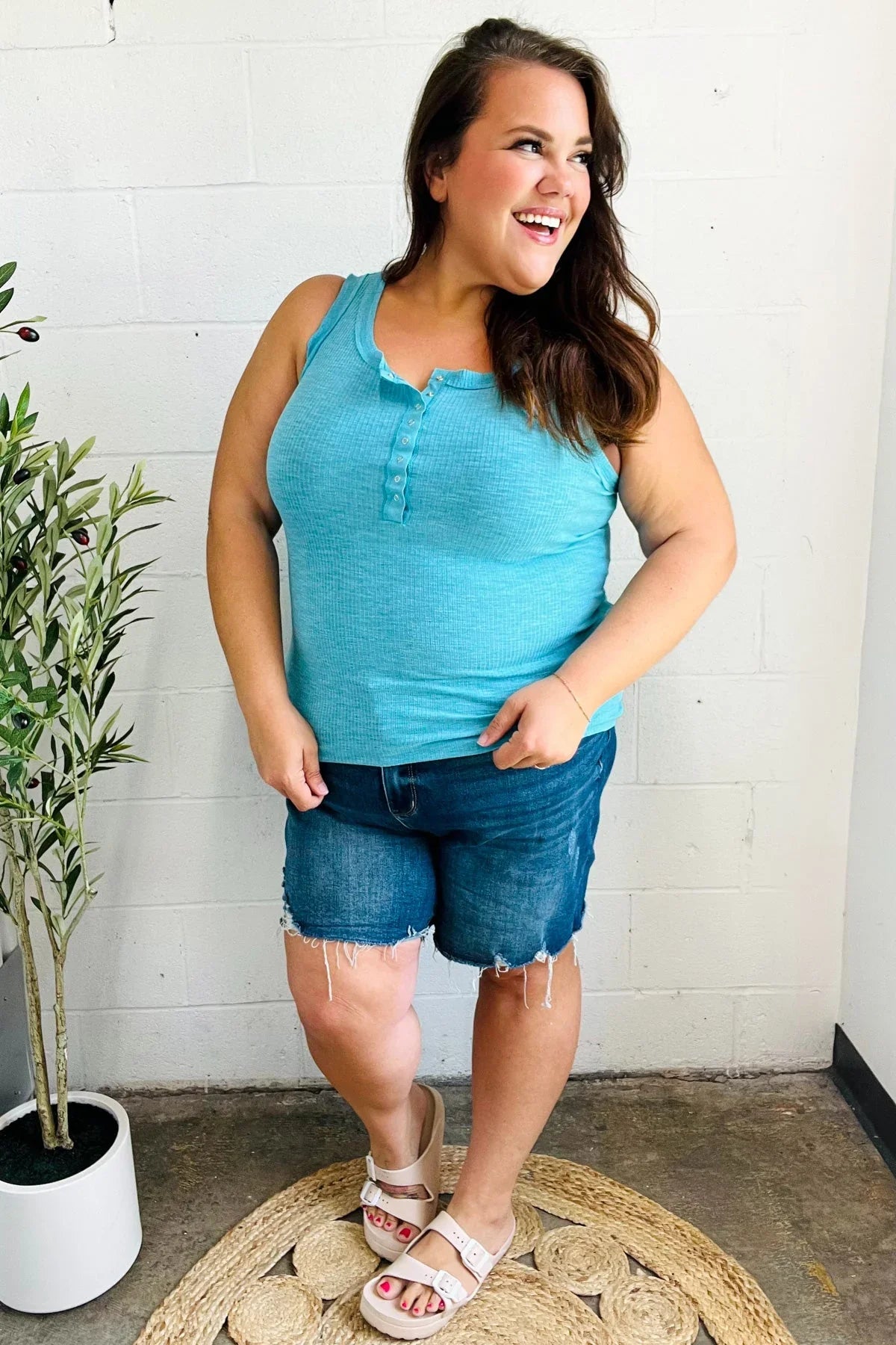 Summer Days Ice Blue Melange Ribbed Henley Button Down Tank | 2024 Blow-Out Sale Daverri Fashions