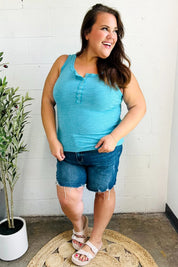 Summer Days Ice Blue Melange Ribbed Henley Button Down Tank | 2024 Blow-Out Sale Daverri Fashions
