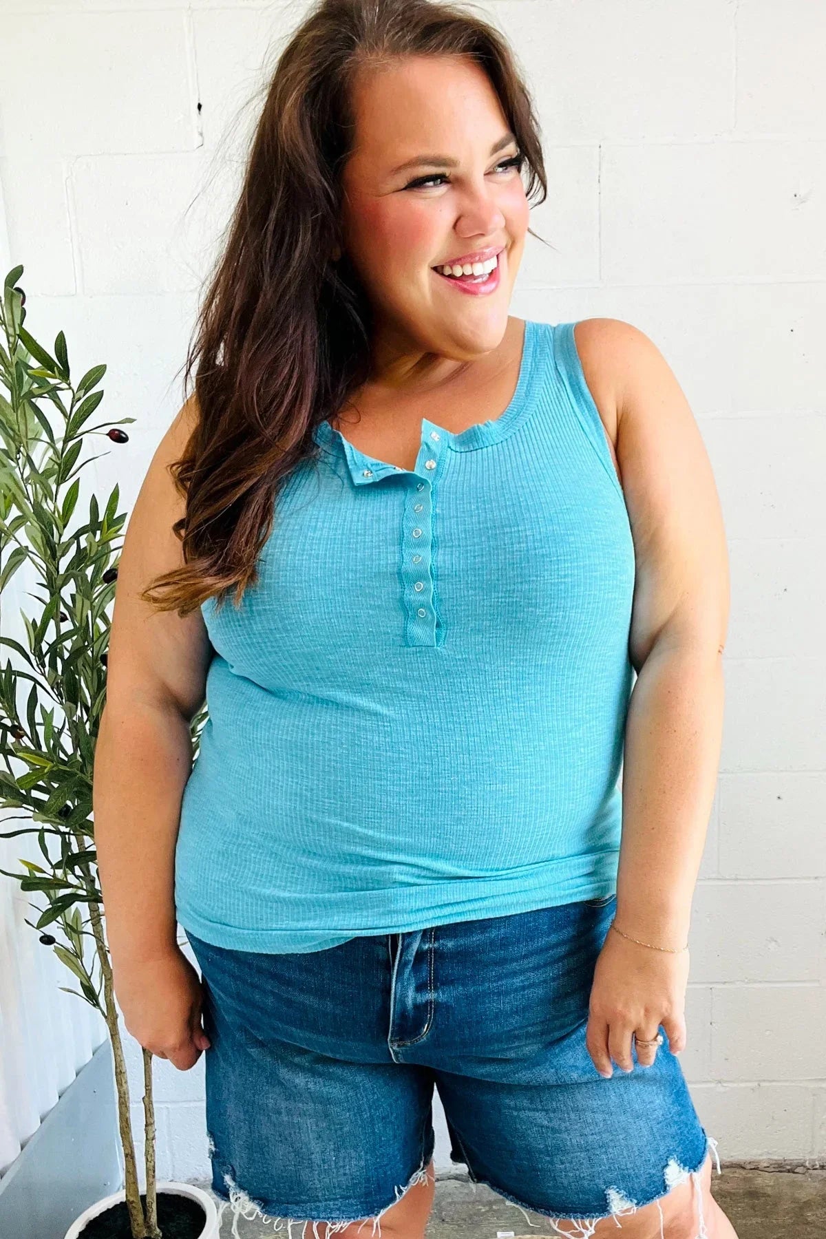 Summer Days Ice Blue Melange Ribbed Henley Button Down Tank | 2024 Blow-Out Sale Daverri Fashions
