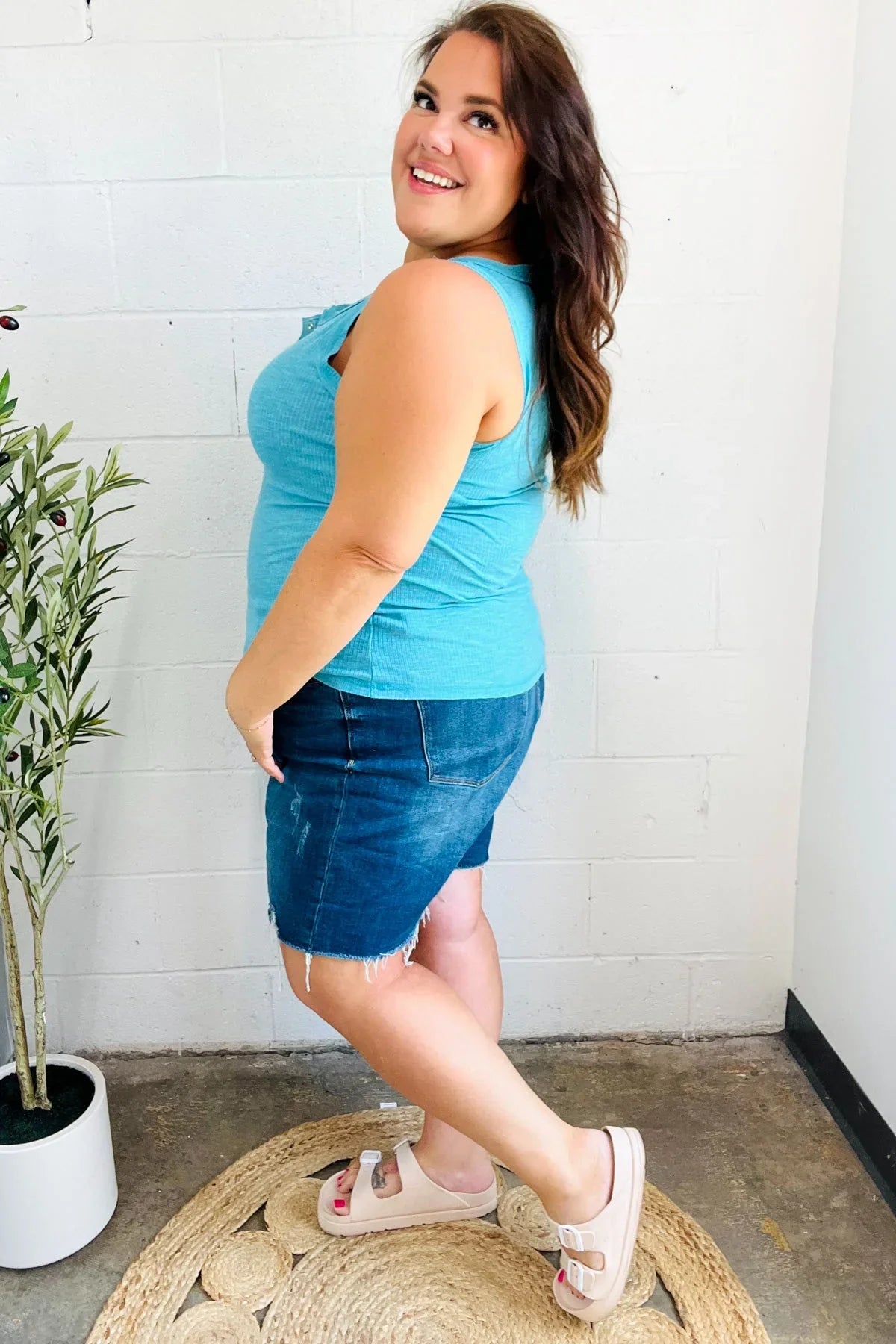 Summer Days Ice Blue Melange Ribbed Henley Button Down Tank | 2024 Blow-Out Sale Daverri Fashions