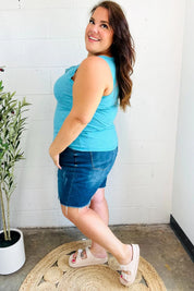 Summer Days Ice Blue Melange Ribbed Henley Button Down Tank | 2024 Blow-Out Sale Daverri Fashions