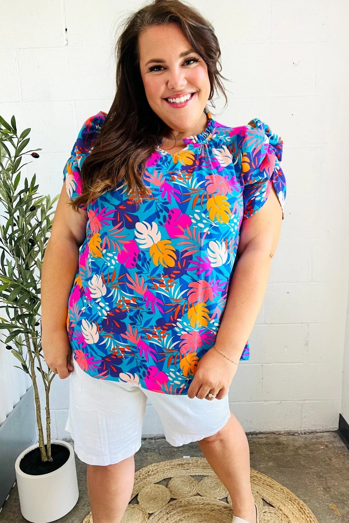 All For You Aqua Tropical Print Frill Notch Neck Puff Sleeve Top | 2024 Blow-Out Sale Daverri Fashions