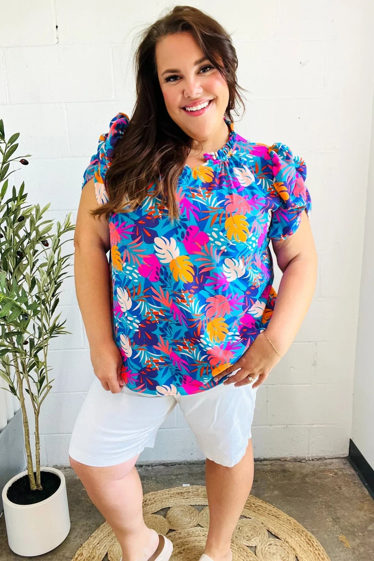 All For You Aqua Tropical Print Frill Notch Neck Puff Sleeve Top | 2024 Blow-Out Sale Daverri Fashions