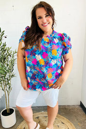 All For You Aqua Tropical Print Frill Notch Neck Puff Sleeve Top | 2024 Blow-Out Sale Daverri Fashions