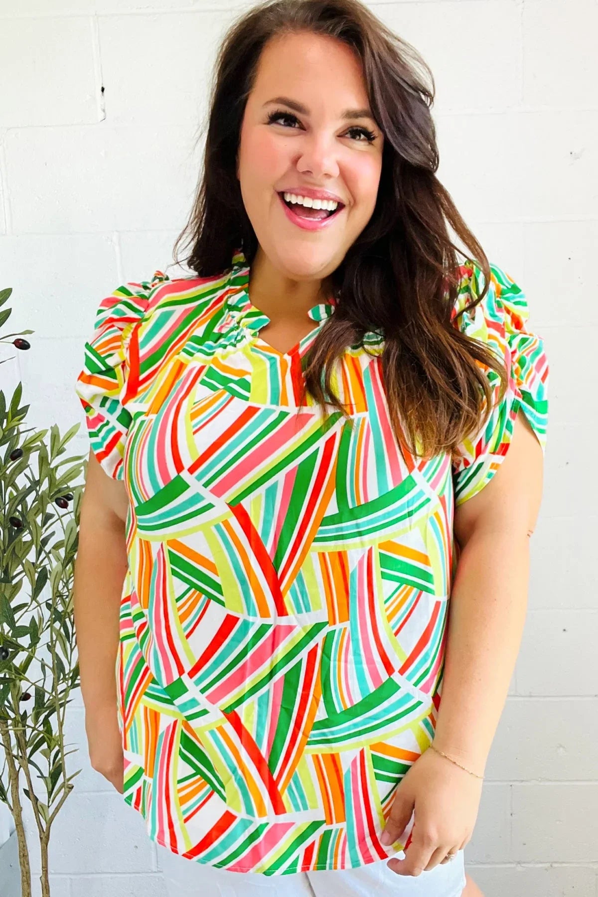 Hello Beautiful Green & Orange Geo Frill Notch Neck Puff Sleeve Top | 2024 Blow-Out Sale Daverri Fashions