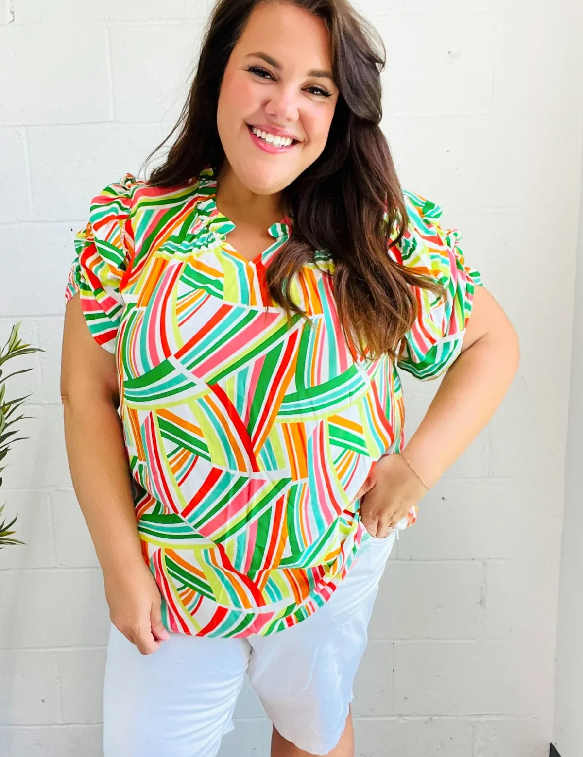 Hello Beautiful Green & Orange Geo Frill Notch Neck Puff Sleeve Top | 2024 Blow-Out Sale Daverri Fashions