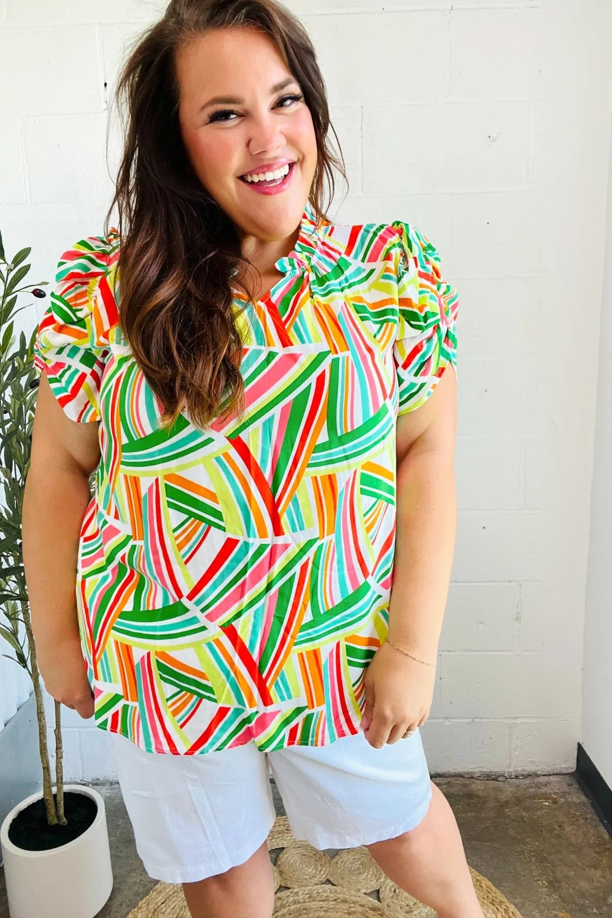 Hello Beautiful Green & Orange Geo Frill Notch Neck Puff Sleeve Top | 2024 Blow-Out Sale Daverri Fashions