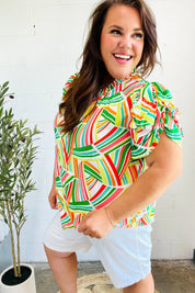 Hello Beautiful Green & Orange Geo Frill Notch Neck Puff Sleeve Top | 2024 Blow-Out Sale Daverri Fashions