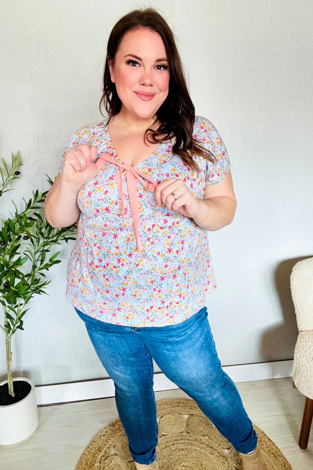 Be Charming Sky Blue Floral Print Elastic Neck Ribbon Tie Top | Daverri Fashions