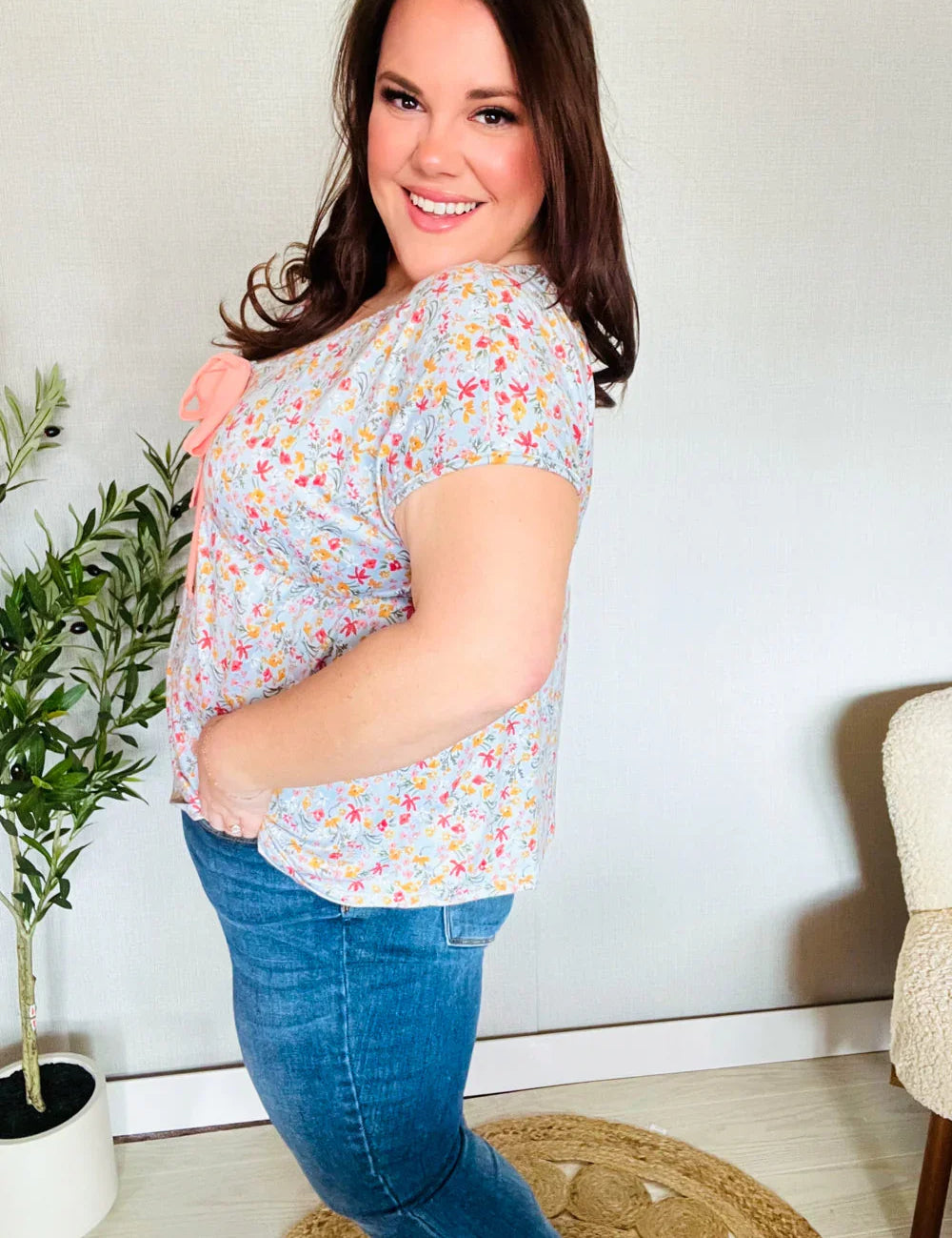 Be Charming Sky Blue Floral Print Elastic Neck Ribbon Tie Top | Daverri Fashions