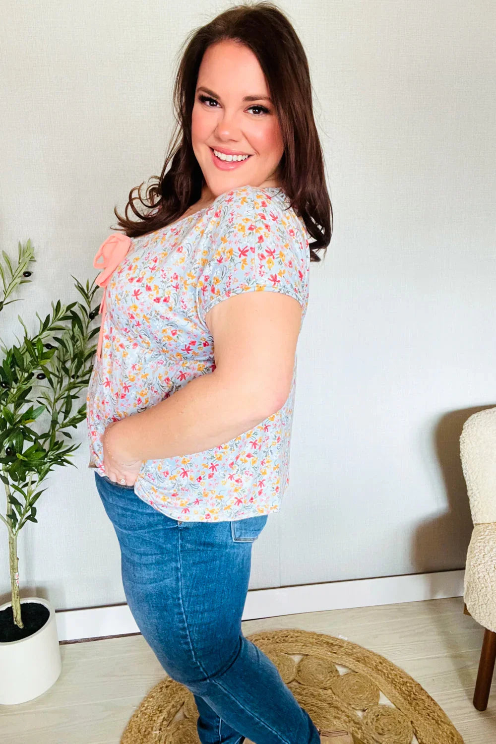 Be Charming Sky Blue Floral Print Elastic Neck Ribbon Tie Top | Daverri Fashions