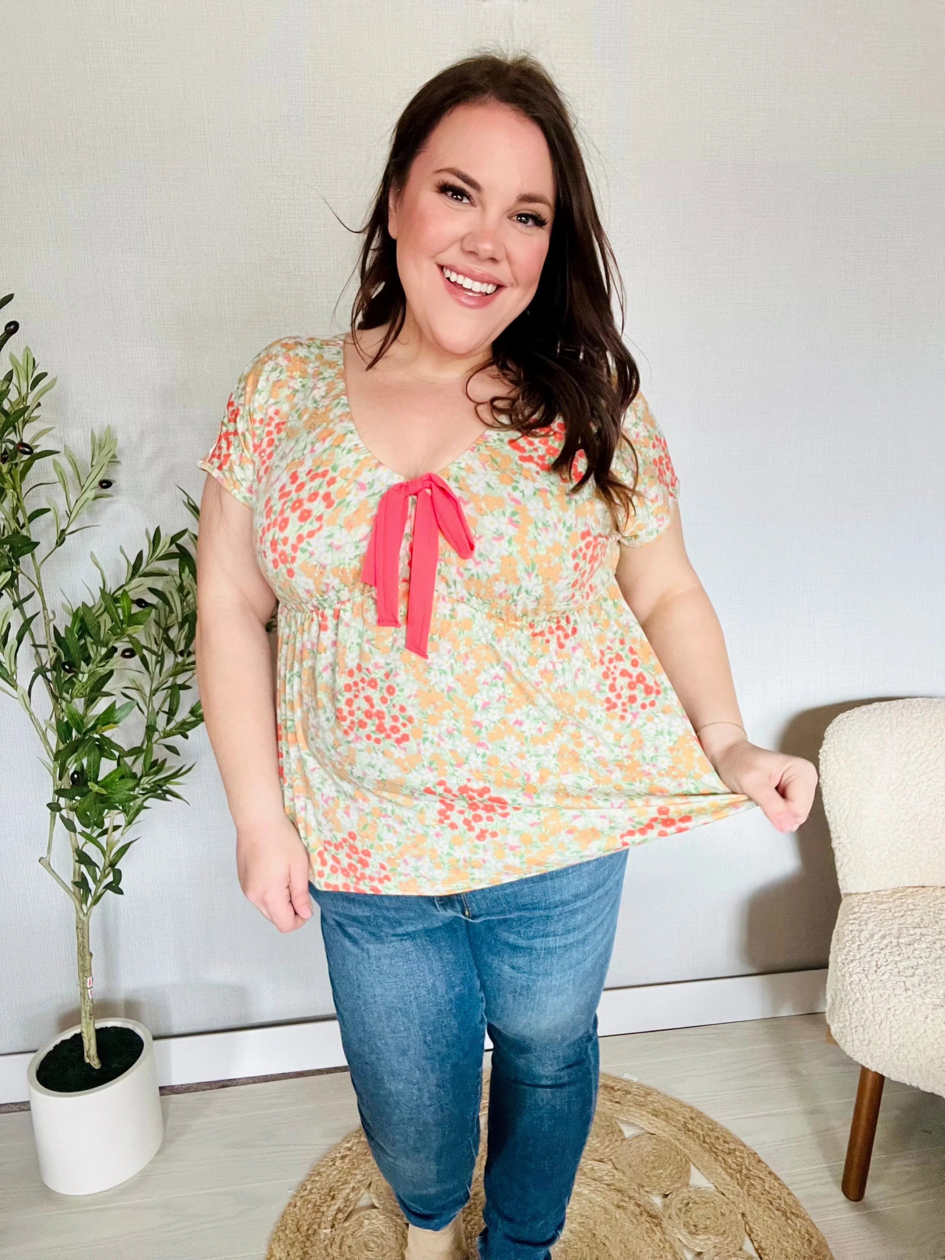 Be Charming Sage Floral Print Elastic Neck Ribbon Bow Tie Top | Daverri Fashions