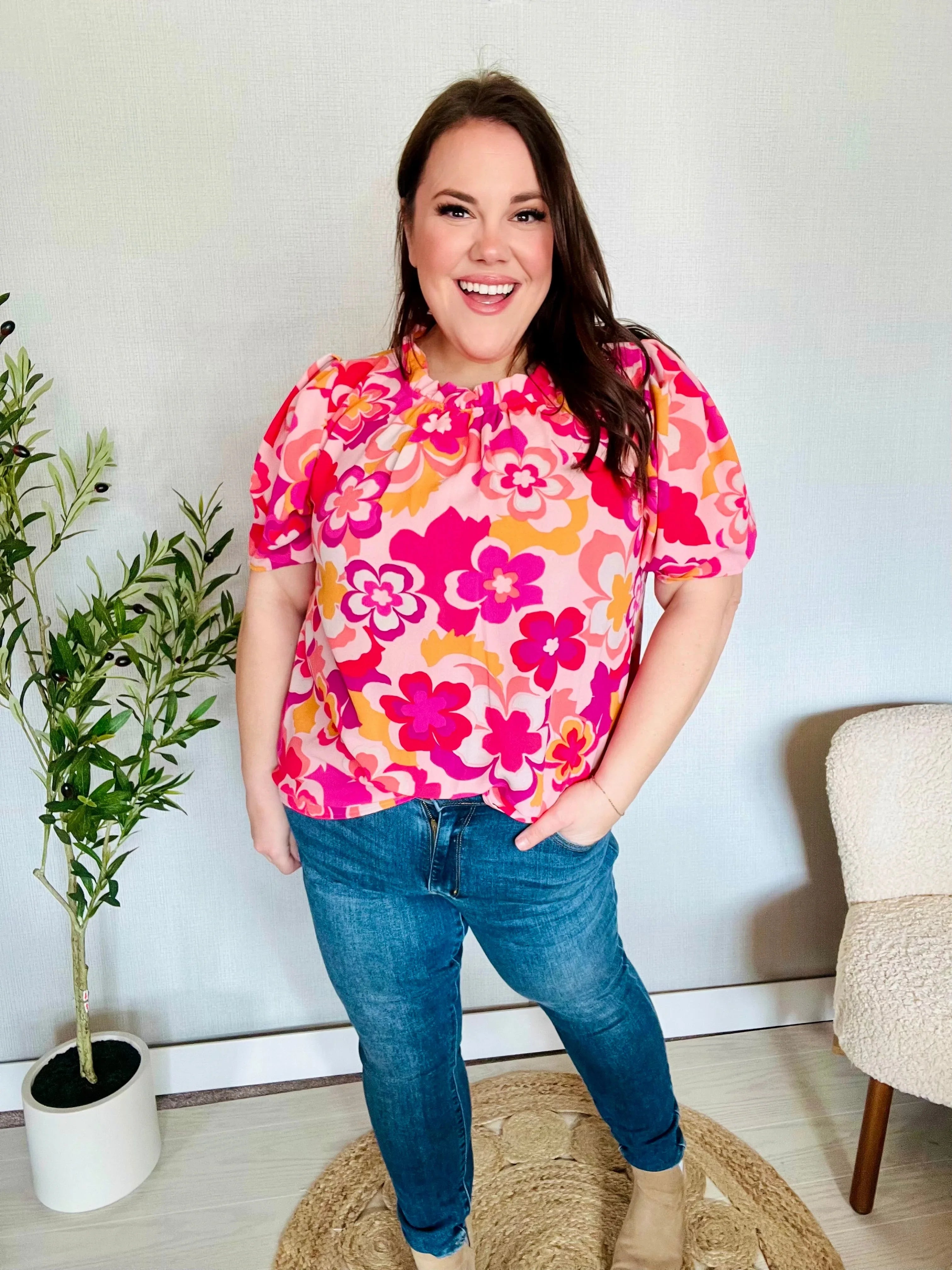 Vacay Vibes Floral Back Keyhole Short Smocked Banded Sleeve Top | Daverri Fashions