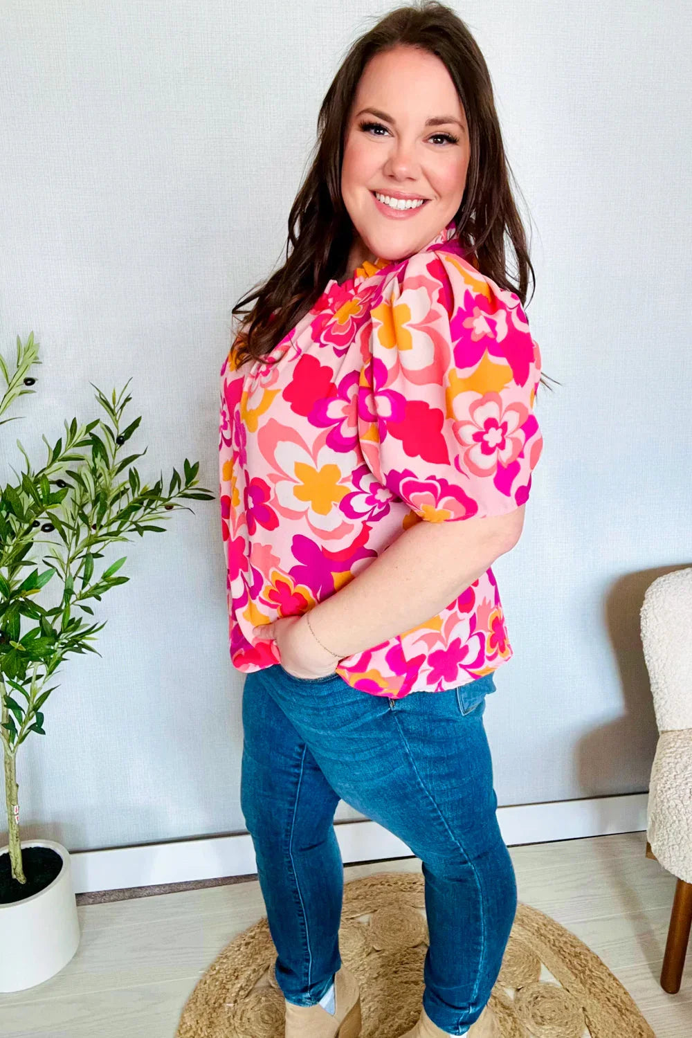 Perfectly You Fuchsia Big Floral Frill Neck Back Button Blouse | Daverri Fashions