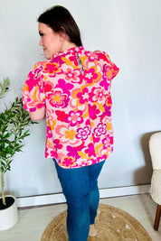 Perfectly You Fuchsia Big Floral Frill Neck Back Button Blouse | Daverri Fashions