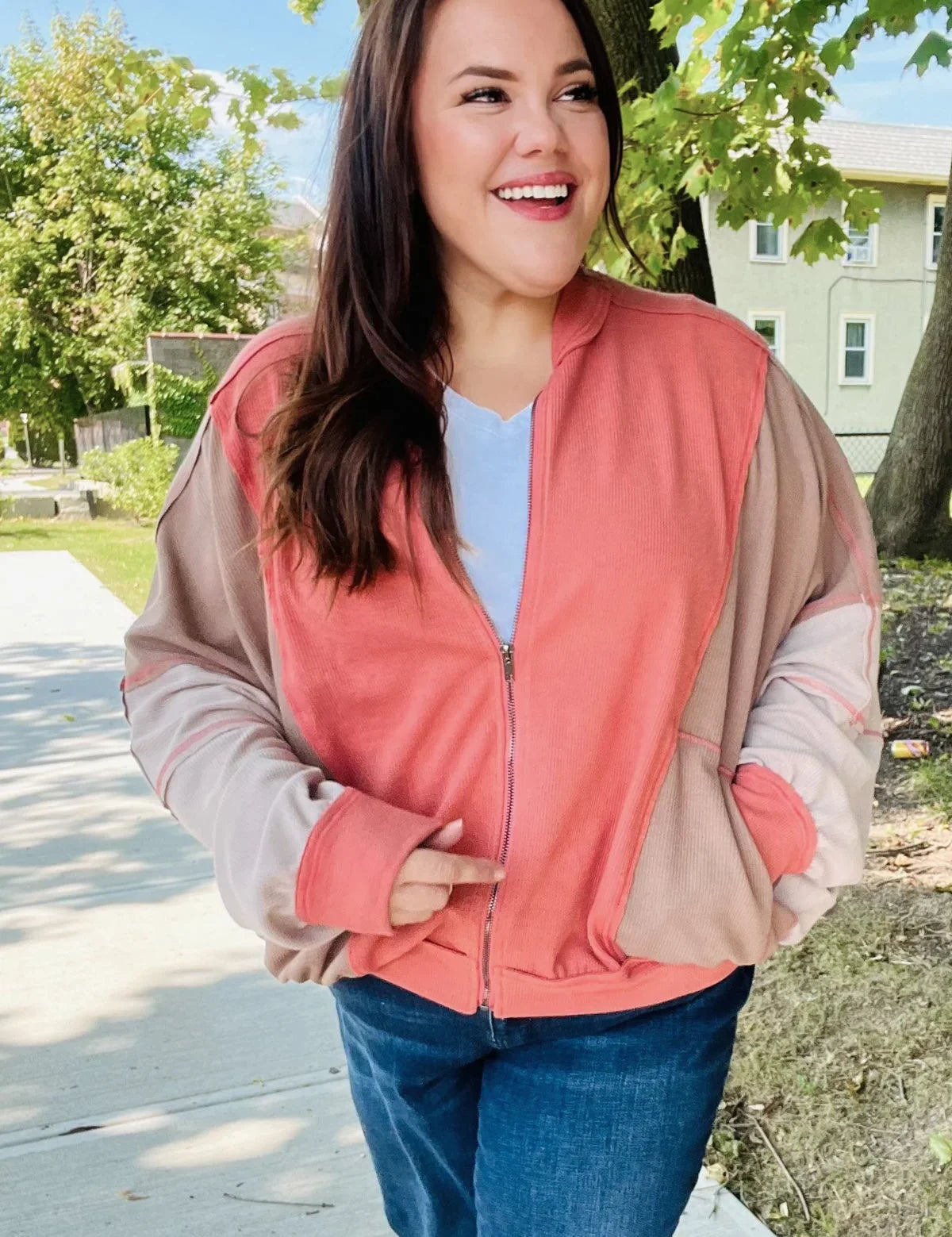 Boldy You Camel Dolman Sleeve Colorblock Knit Bomber Jacket | Daverri Fashions