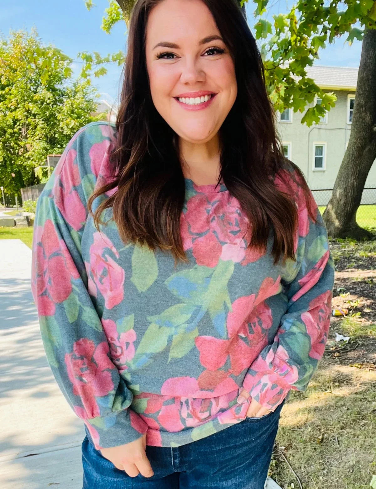 Everyday Hunter Green Floral Brushed Hacci Sweater Top | Daverri Fashions