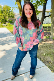 Everyday Hunter Green Floral Brushed Hacci Sweater Top | Daverri Fashions