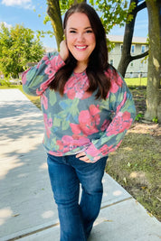 Everyday Hunter Green Floral Brushed Hacci Sweater Top | Daverri Fashions