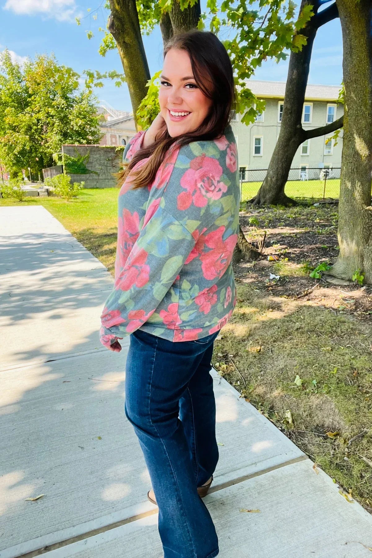 Everyday Hunter Green Floral Brushed Hacci Sweater Top | Daverri Fashions