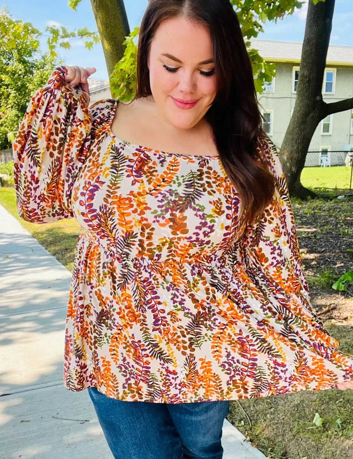 Fall in Love Taupe & Rust Floral Print Babydoll Bubble Sleeve Top | Daverri Fashions