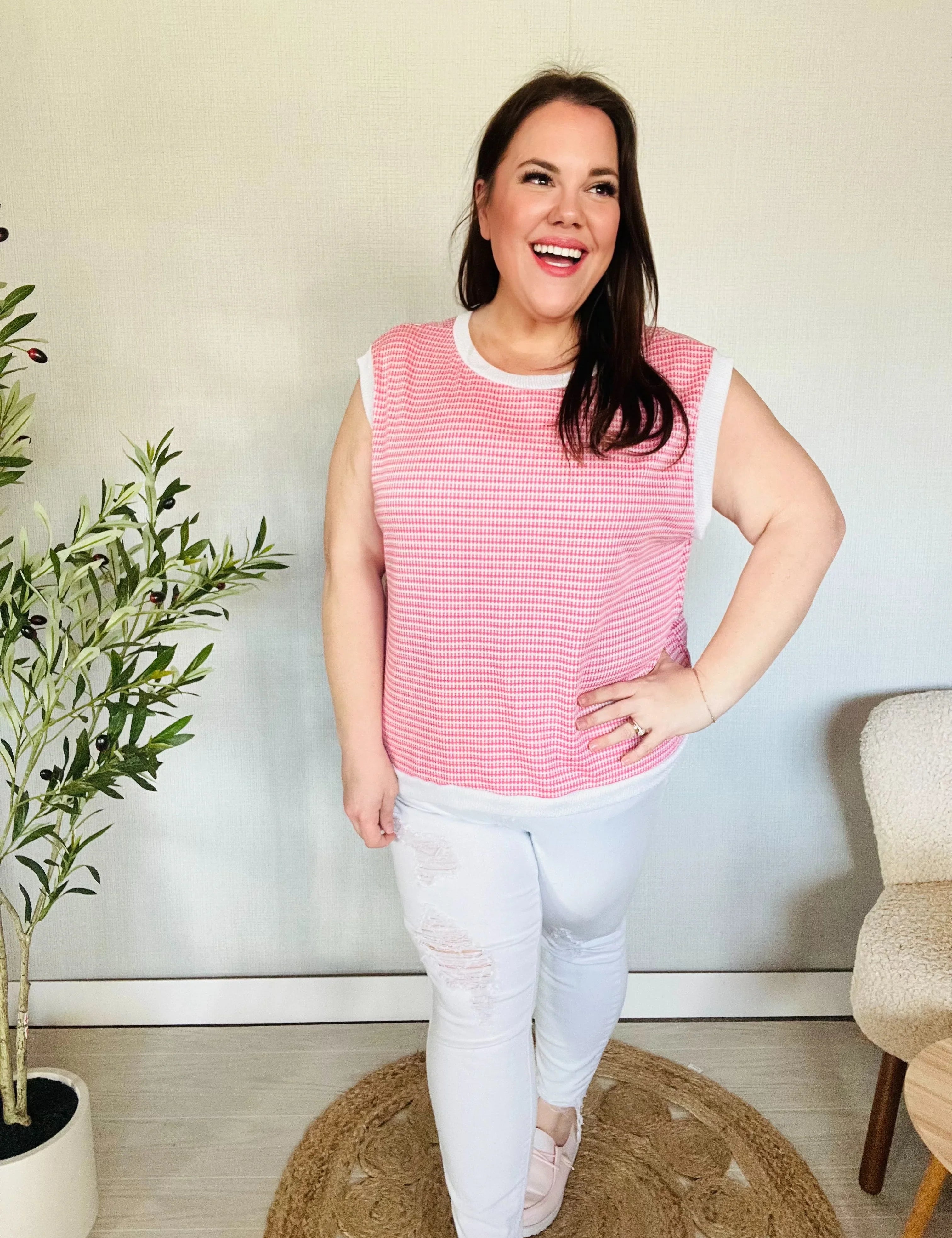 Lock Eyes Pink & Ivory Jacquard Waffle Knit Banded Sleeveless Top | 07-01-25 Summer Sale Daverri Fashions