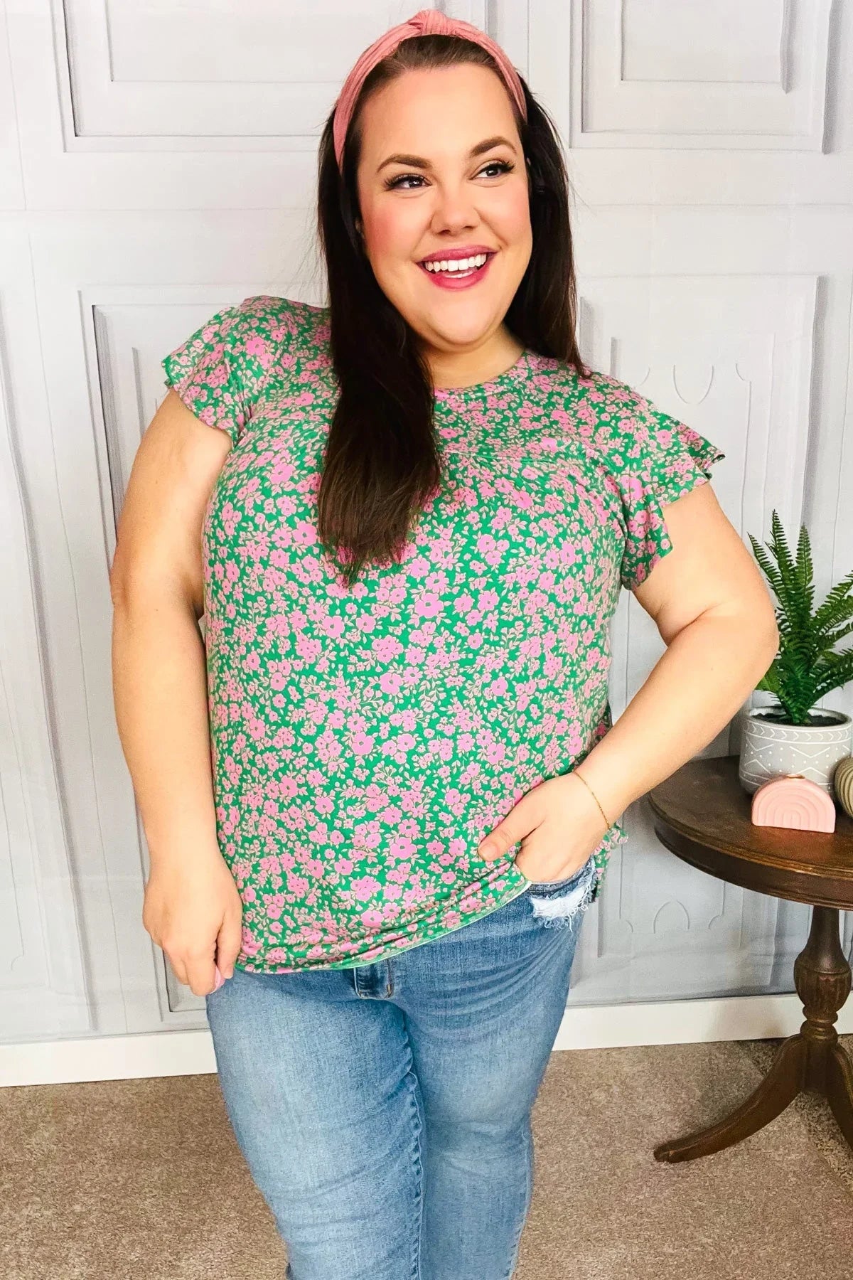 Dreamy Green & Pink Floral Yoke Ruffle Short Sleeve Top | Daverri Fashions
