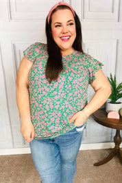 Dreamy Green & Pink Floral Yoke Ruffle Short Sleeve Top | Daverri Fashions