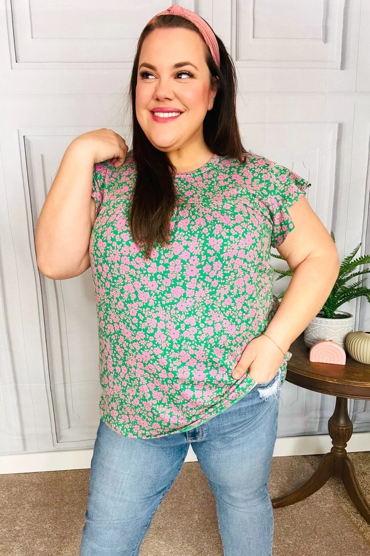 Dreamy Green & Pink Floral Yoke Ruffle Short Sleeve Top | Daverri Fashions