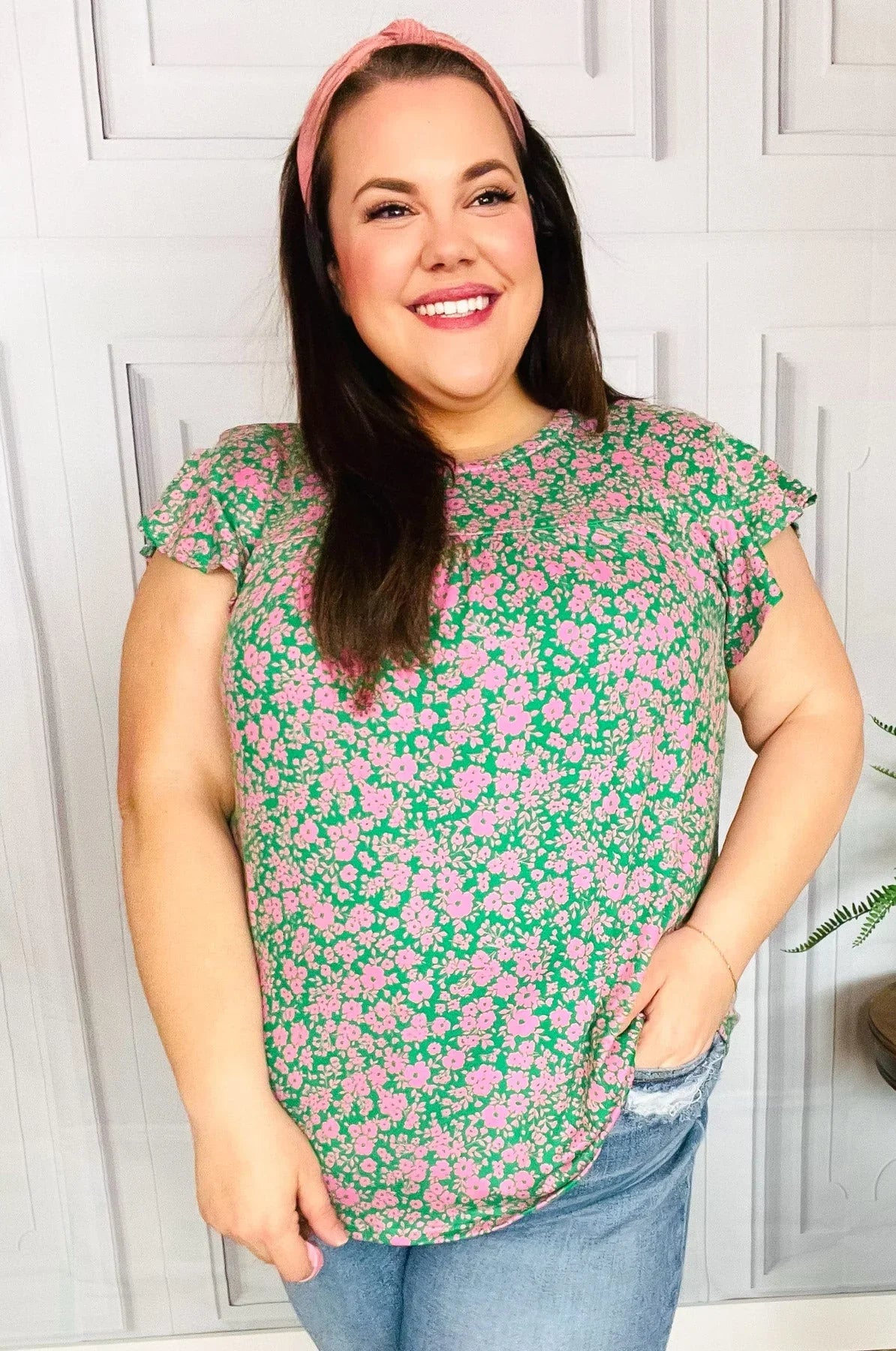 Dreamy Green & Pink Floral Yoke Ruffle Short Sleeve Top | Daverri Fashions