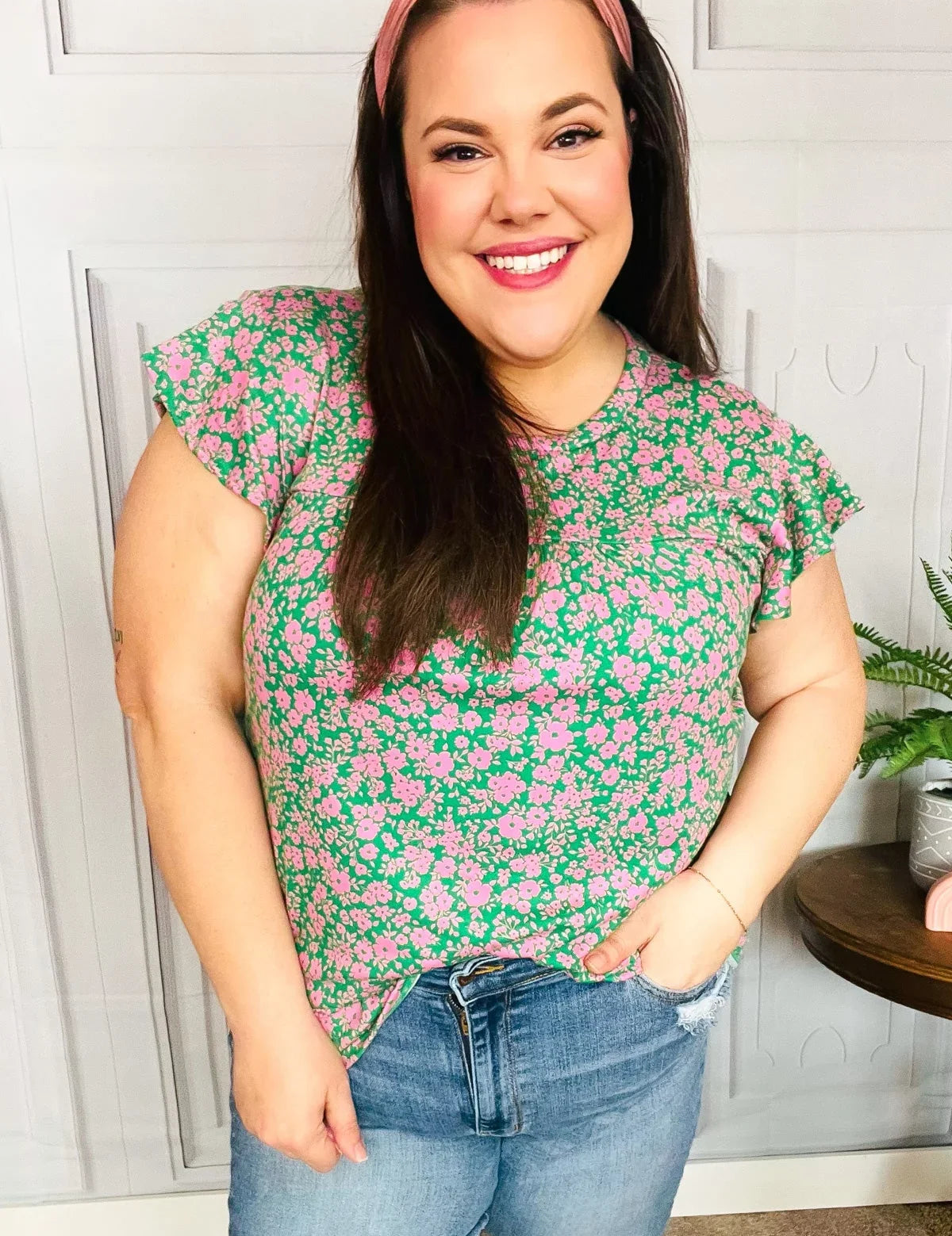 Dreamy Green & Pink Floral Yoke Ruffle Short Sleeve Top | Daverri Fashions