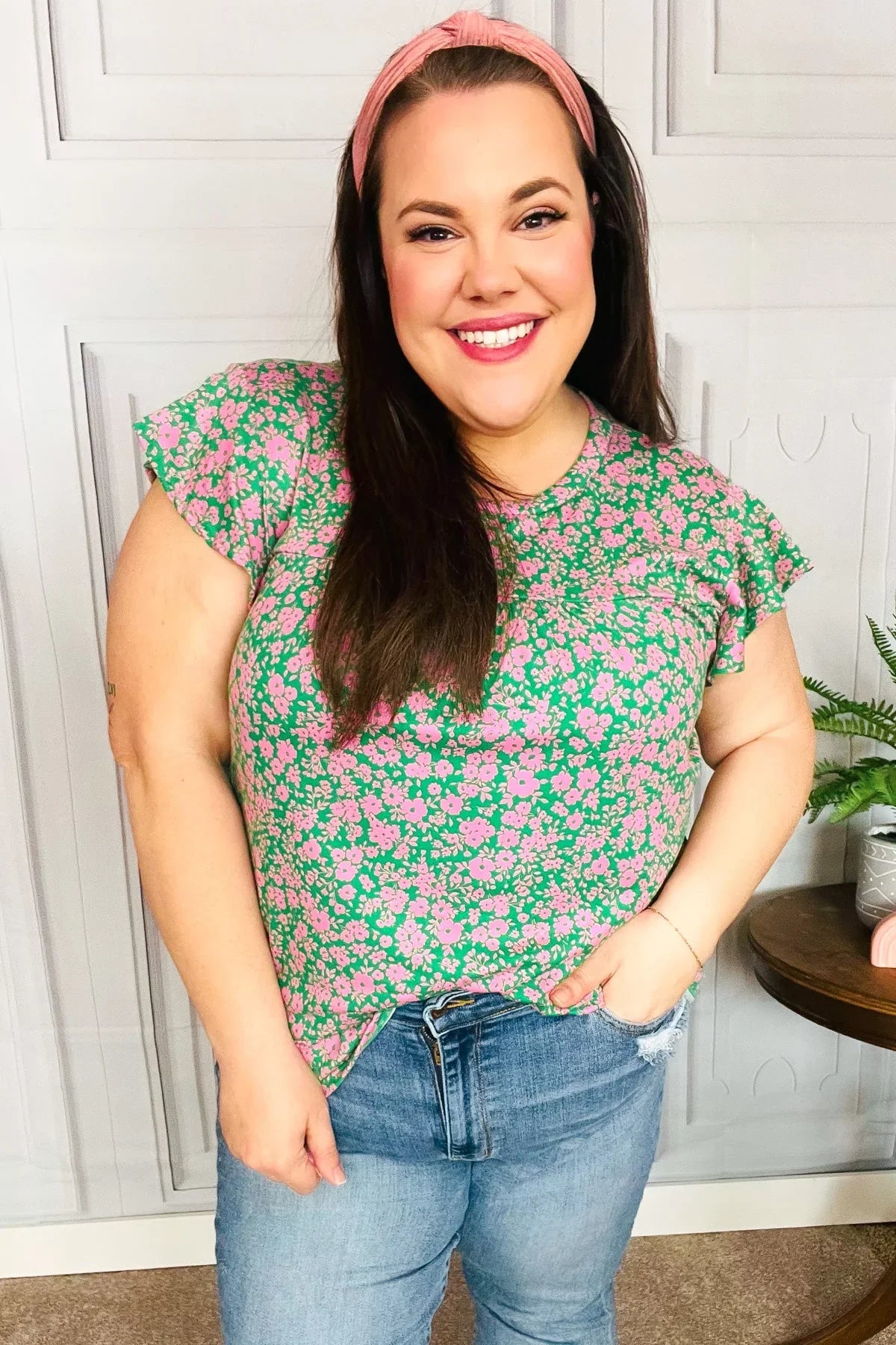 Dreamy Green & Pink Floral Yoke Ruffle Short Sleeve Top | Daverri Fashions