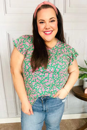 Dreamy Green & Pink Floral Yoke Ruffle Short Sleeve Top | Daverri Fashions