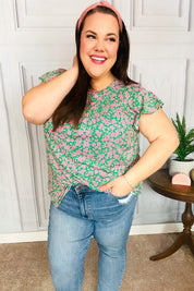 Dreamy Green & Pink Floral Yoke Ruffle Short Sleeve Top | Daverri Fashions