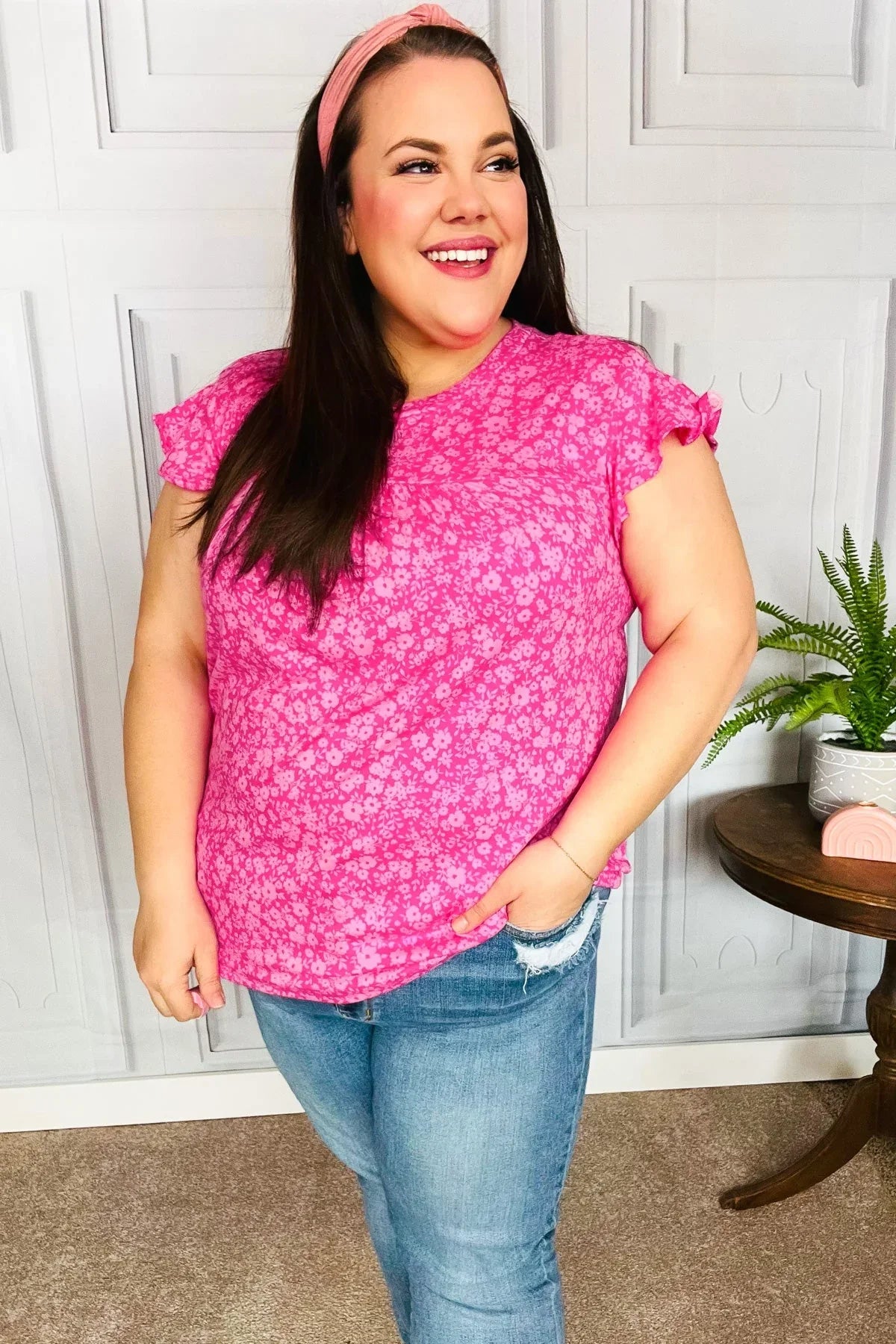 Look Of Love Fuchsia Floral Yoke Ruffle Short Sleeve Top | Daverri Fashions
