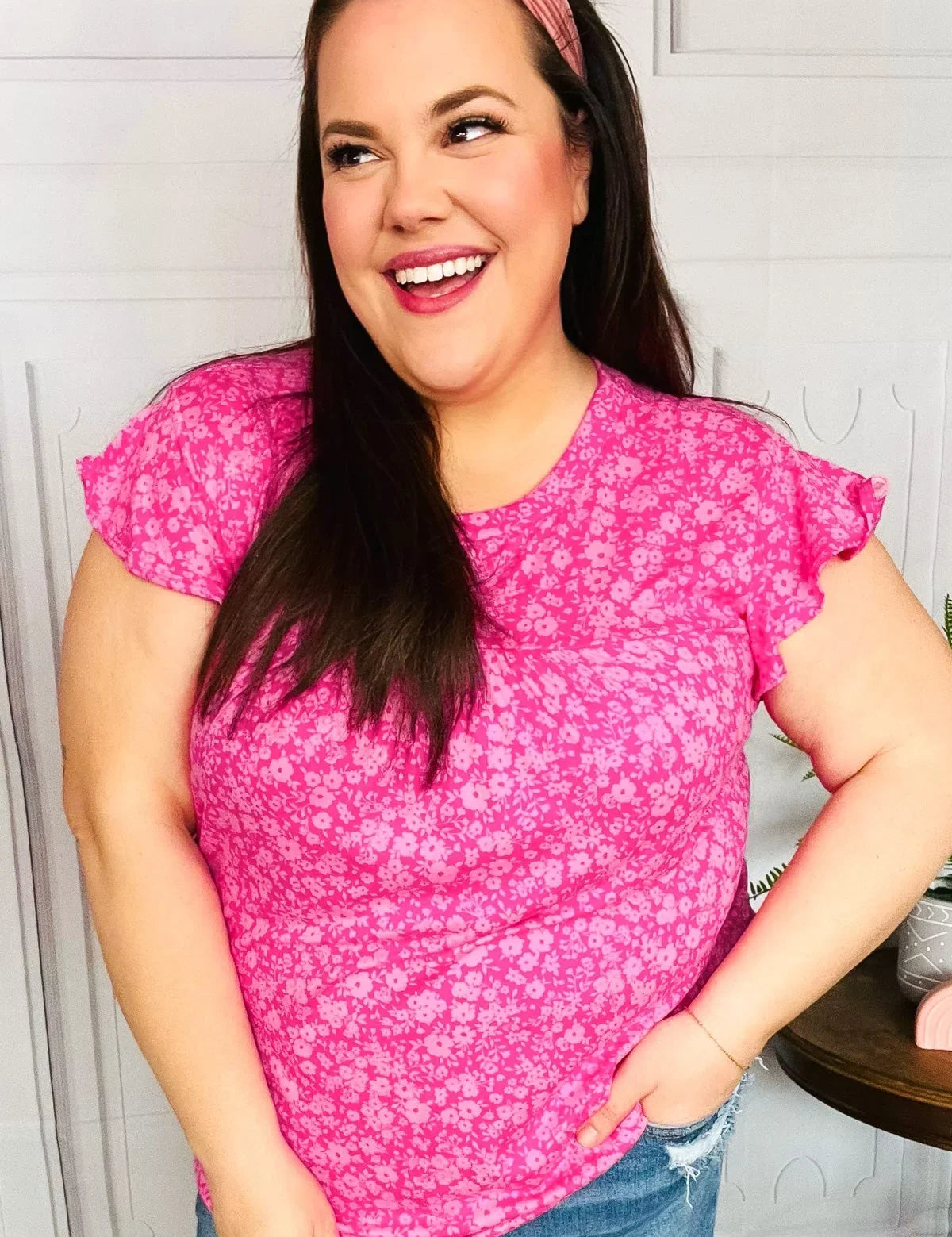 Look Of Love Fuchsia Floral Yoke Ruffle Short Sleeve Top | Daverri Fashions