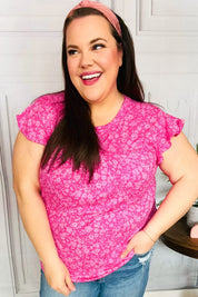 Look Of Love Fuchsia Floral Yoke Ruffle Short Sleeve Top | Daverri Fashions