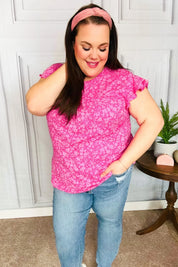 Look Of Love Fuchsia Floral Yoke Ruffle Short Sleeve Top | Daverri Fashions