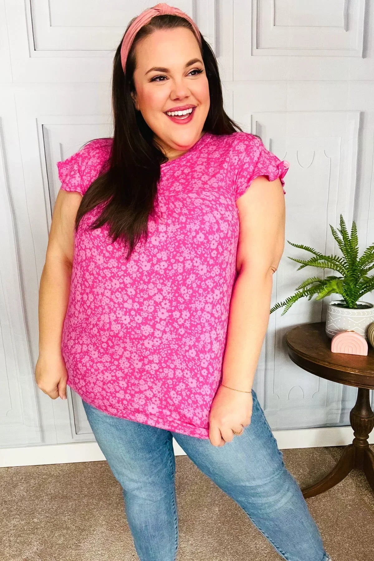 Look Of Love Fuchsia Floral Yoke Ruffle Short Sleeve Top | Daverri Fashions
