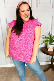 Look Of Love Fuchsia Floral Yoke Ruffle Short Sleeve Top | Daverri Fashions