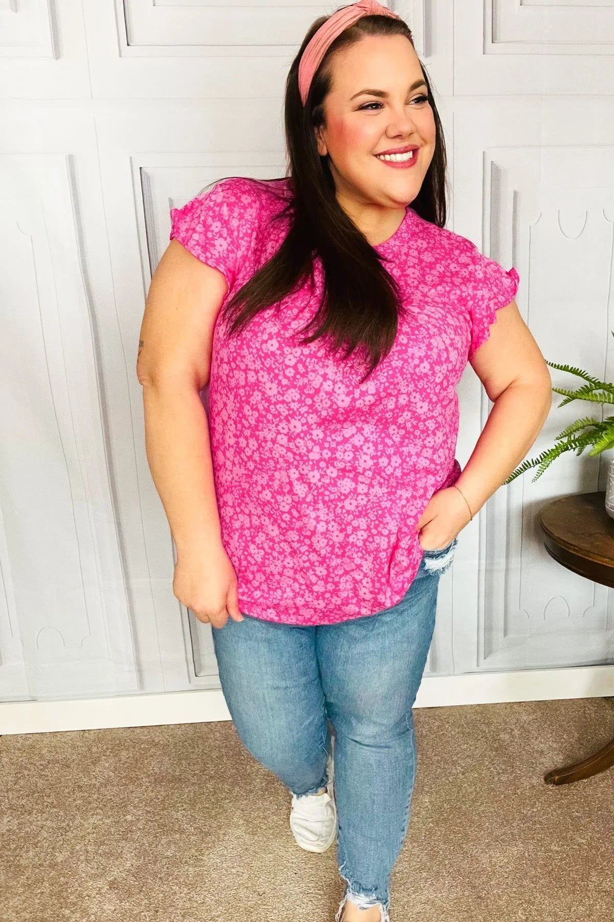 Look Of Love Fuchsia Floral Yoke Ruffle Short Sleeve Top | Daverri Fashions